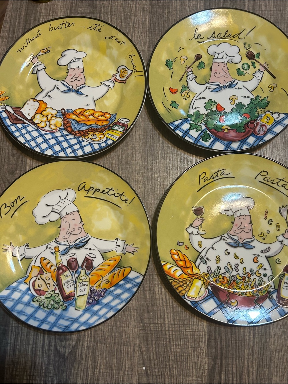 Vintage Mud Pie Tracy Flickenger Bon Appetite Fat Chef Salad/Bread 8” Plate Set